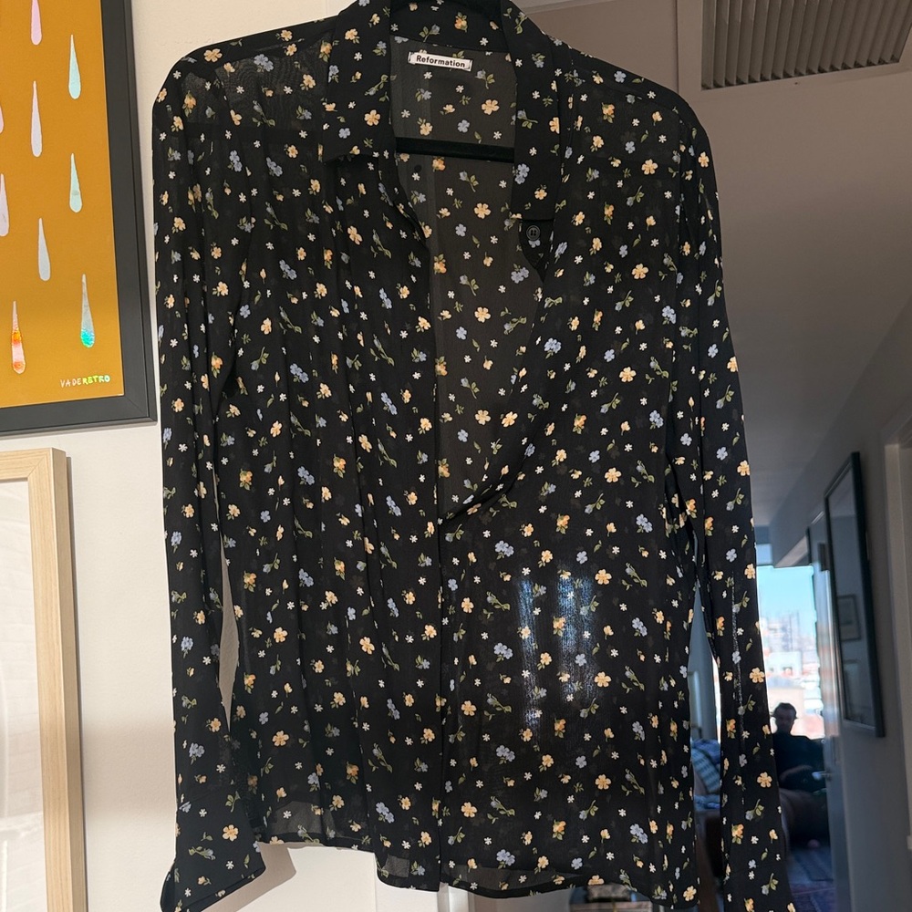 Reformation Floral Sheer Black Blouse